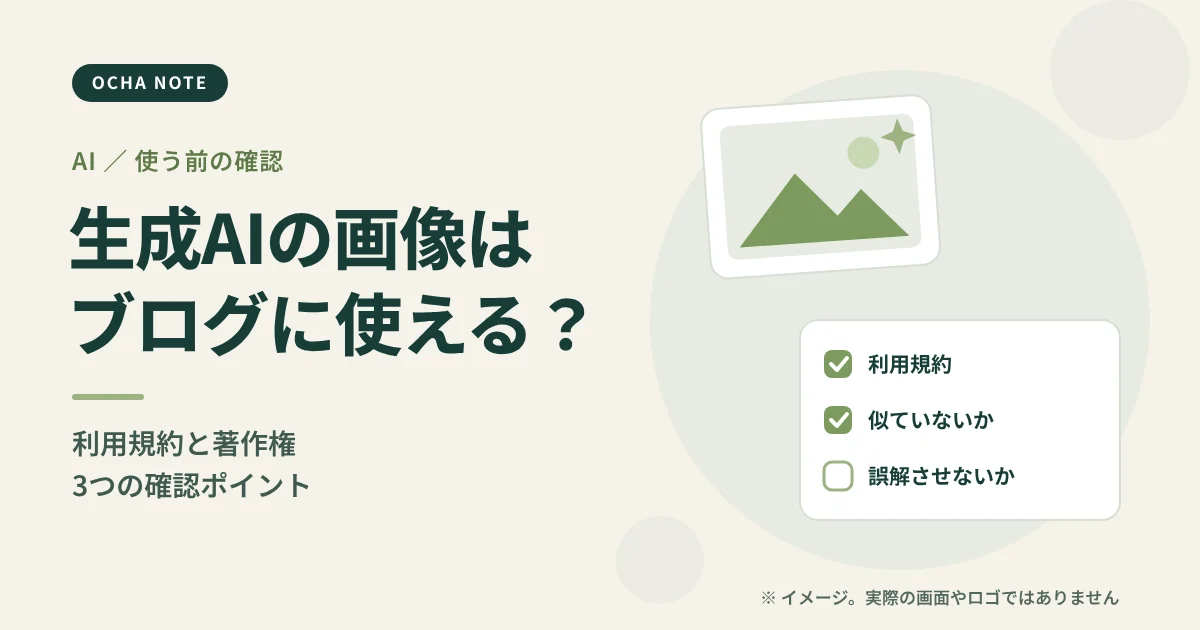「生成AIの画像はブログに使える?」のタイトル画像。画像のカードとチェックリストを並べたイメージイラスト