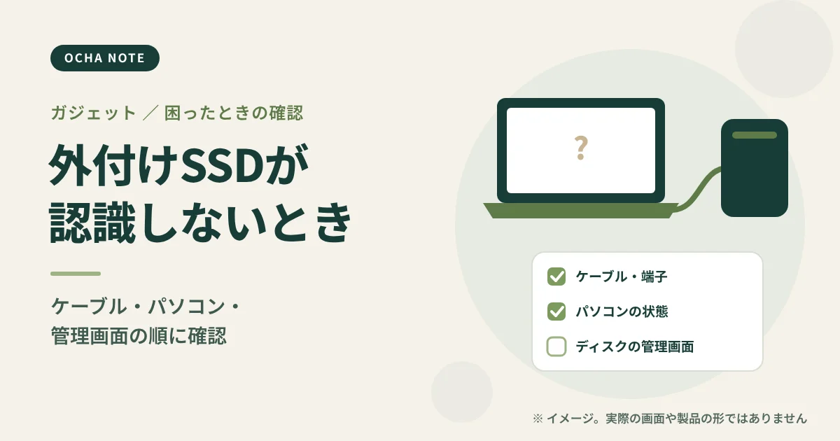 「外付けSSDが認識しないときの確認順」のタイトル画像。外付けSSDとパソコン、確認のチェックリストを描いたイメージイラスト