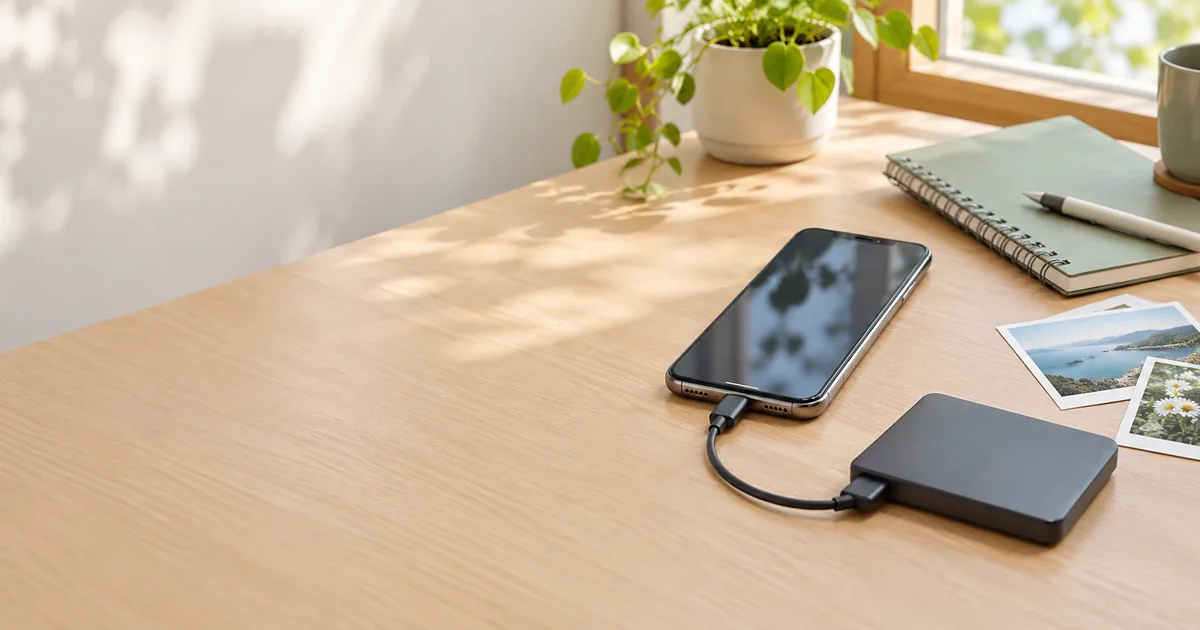 iPhoneと小型外付けSSDを並べた、実在製品ではないイメージイラスト