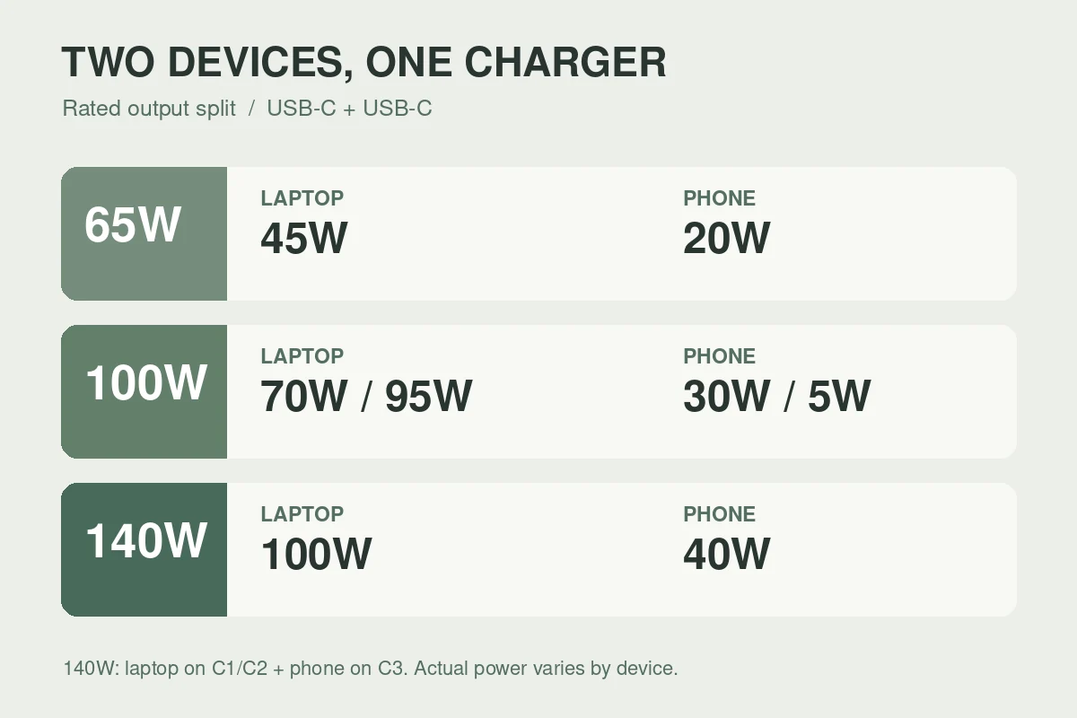 図解。65W級はPC45Wとスマホ20W、100W級は70Wと30Wまたは95Wと5W、140W級は指定ポートで100Wと40W。数値はメーカー公称の配分で、実際の電力は機器や充電状態で変わる