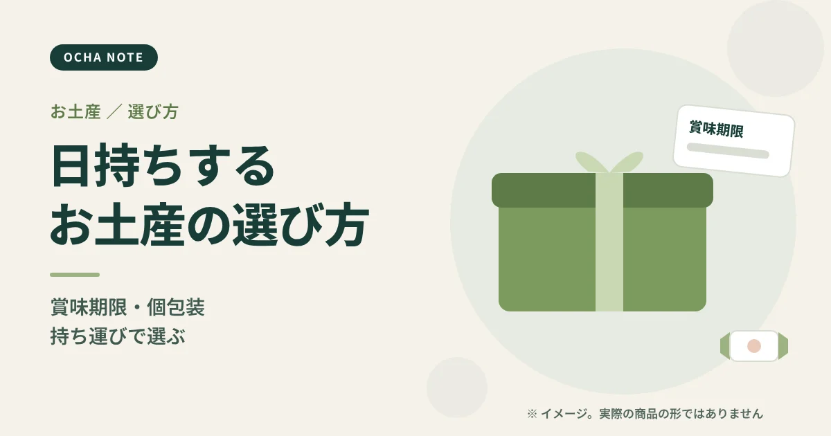 「日持ちするお土産の選び方」のタイトル画像。お菓子の箱と期限表示のラベルを描いたイメージイラスト