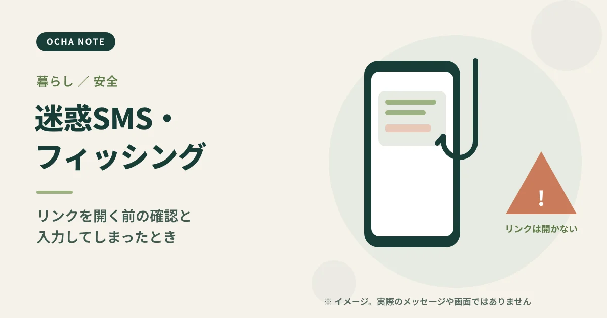 「迷惑SMS・フィッシングに気をつけること」のタイトル画像。スマホに届いたメッセージと、釣り針の形のリンク、注意のマークを描いたイメージイラスト