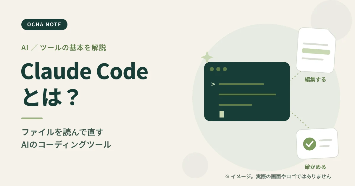 「Claude Codeとは?」のタイトル画像。ターミナルの画面とファイルを線でつないだ、AIがコードを編集する様子のイメージイラスト